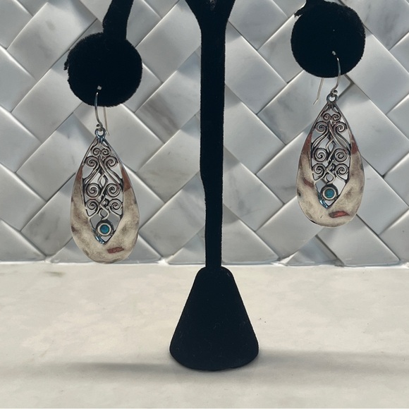 Sterling silver 925 with Opals drop fish hook earrings scroll + hammered details - Picture 2 of 10